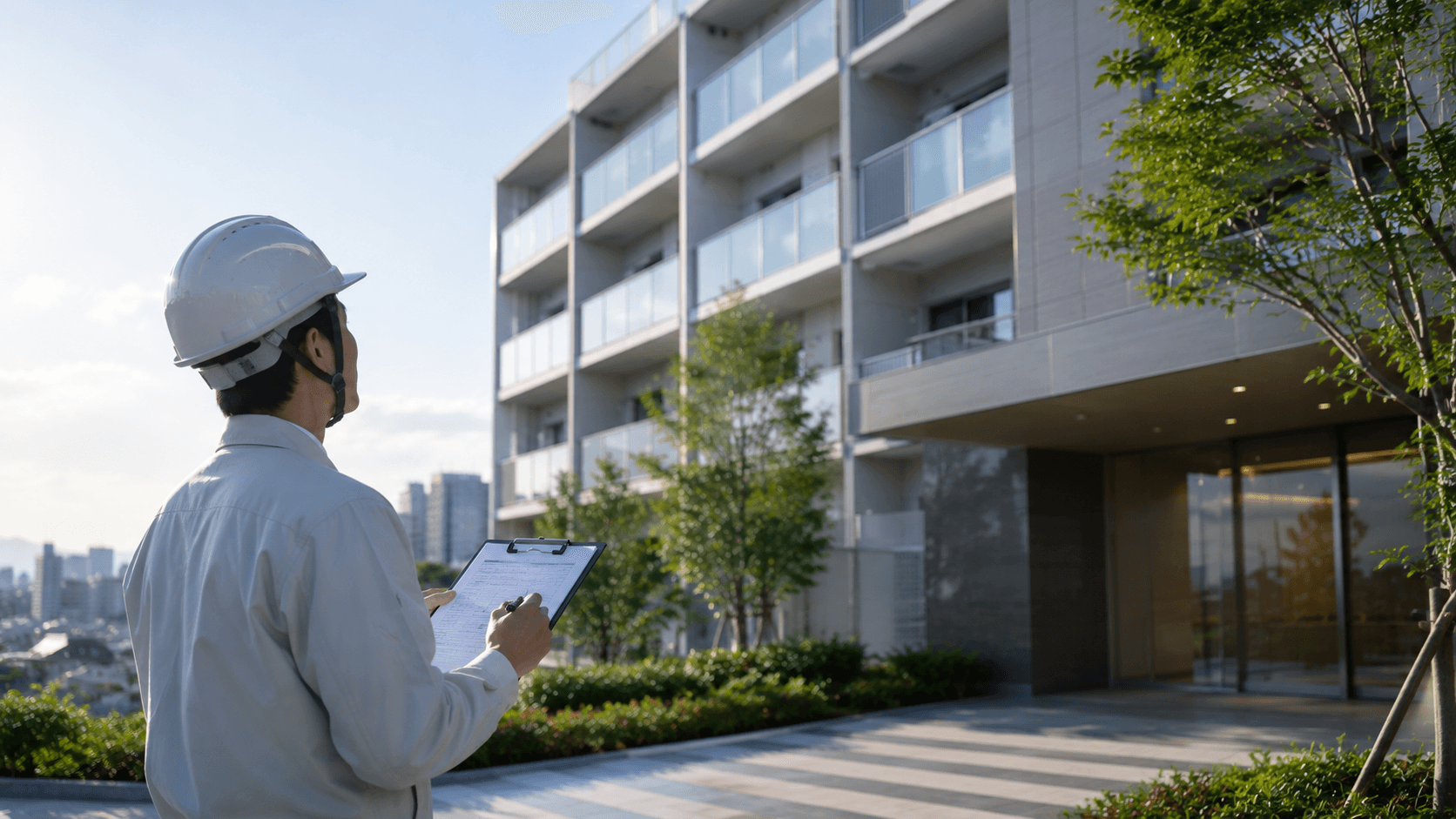 建物の劣化状況を点検する現場担当者